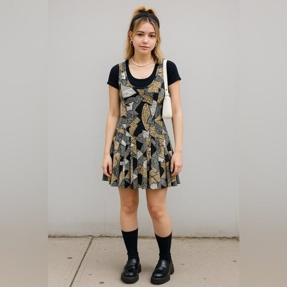 Vintage Joseph Ribkoff Black Beige Retro Abstract Patchwork Dress Size 12 - Picture 1 of 13